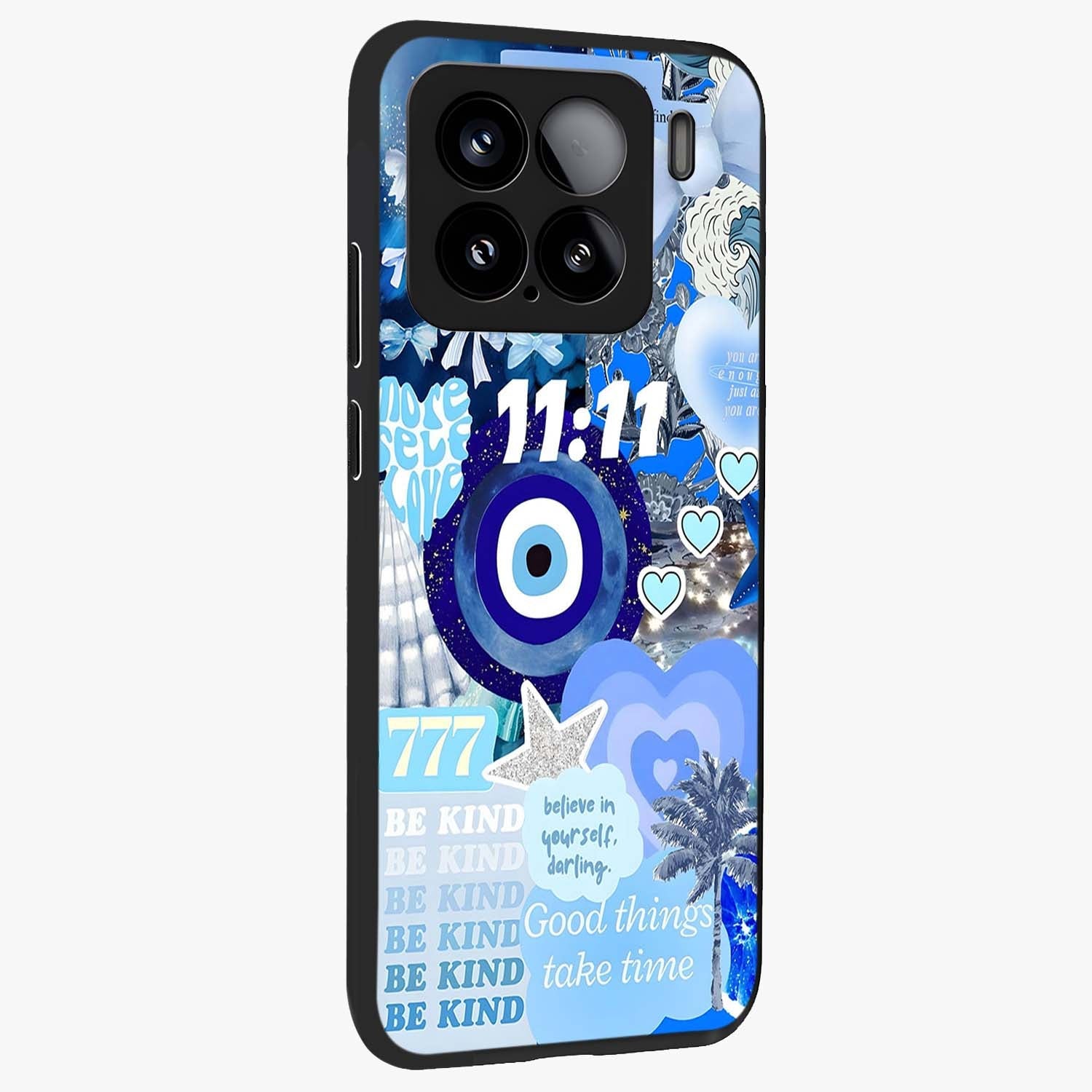 Aesthetic Be Kind Eye Glass Case upright view showcasing stylish eye illustration with positive message theme.