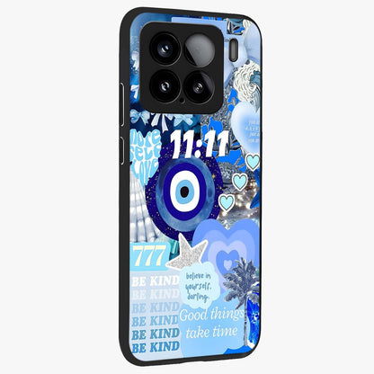 Aesthetic Be Kind Eye Glass Case upright view showcasing stylish eye illustration with positive message theme.