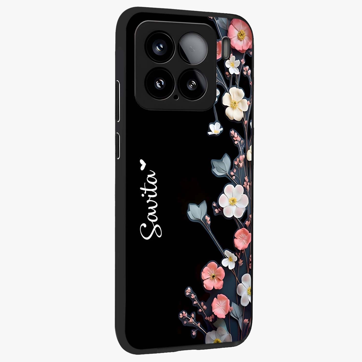 Black Elegance Floral Custom Name Glass Case upright view showcasing luxurious black floral design with personalized name detail.