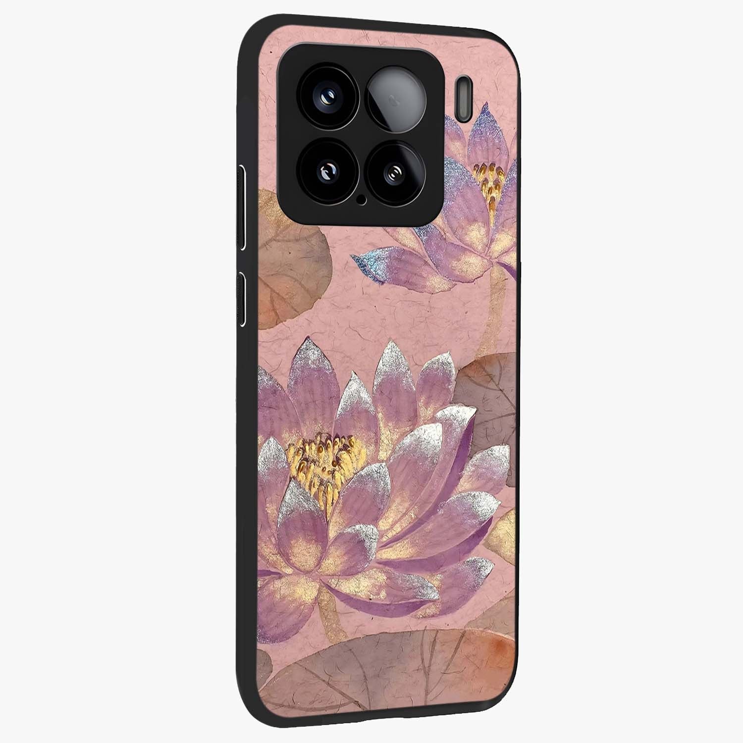 Blossom Mist Lotus Glass Case upright view showcasing graceful lotus flower design with peaceful botanical style.