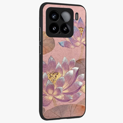 Blossom Mist Lotus Glass Case upright view showcasing graceful lotus flower design with peaceful botanical style.