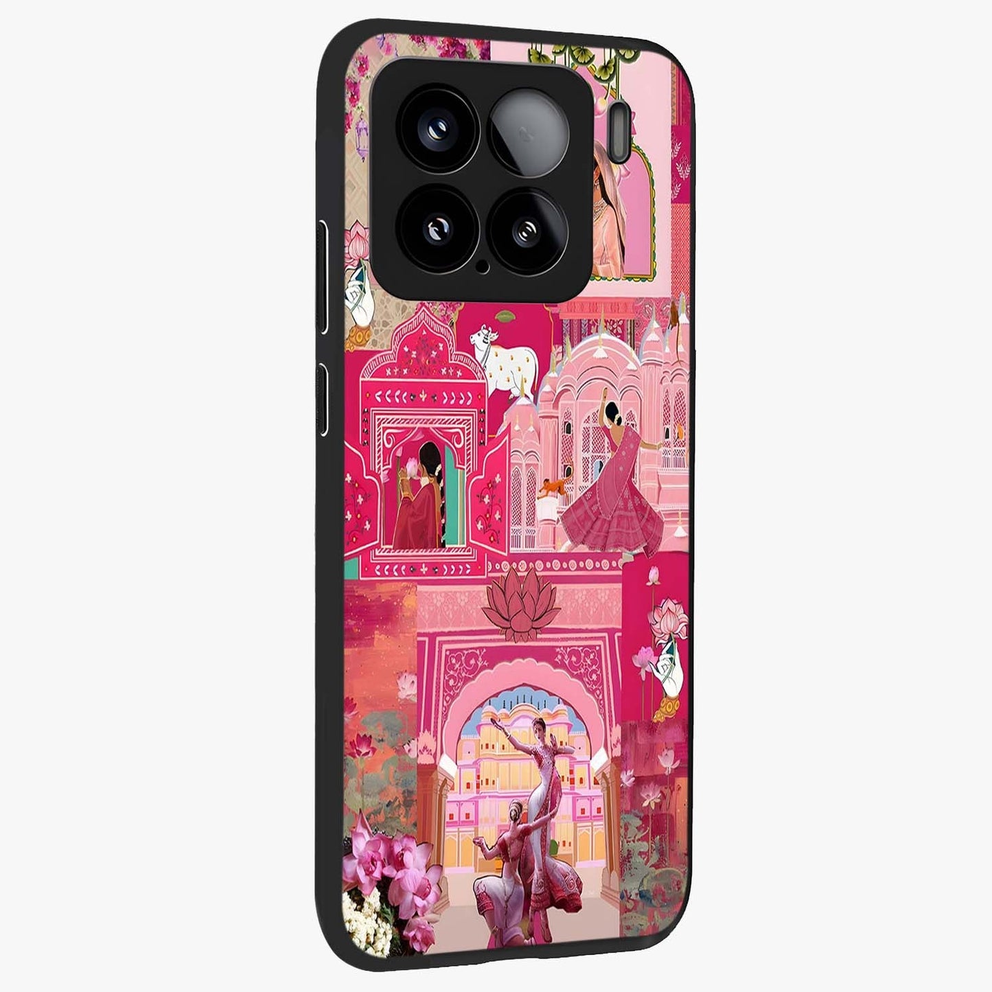 Blossoms of Rajasthan Glass Case upright view showcasing colorful floral design inspired by traditional Indian art.