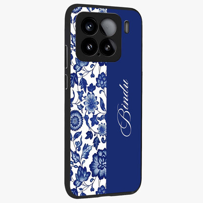 Blue Vintage Floral Pattern Glass Case upright view showcasing delicate blush floral texture with modern minimal style.