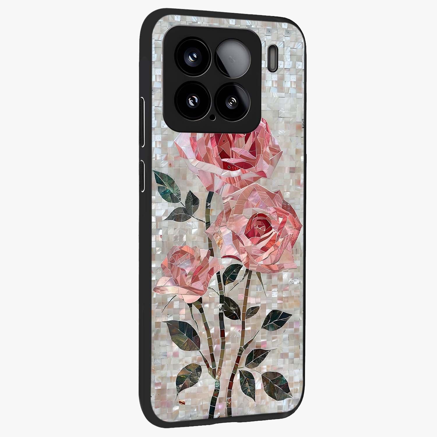 Blush Mosaic Bloom Glass Case upright view showcasing decorative floral mosaic artwork with stylish modern aesthetic.