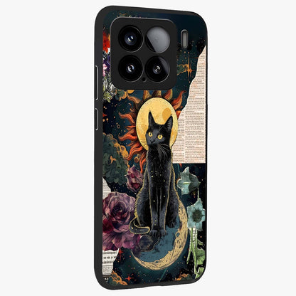 Celestial Black Cat Glass Case upright view showcasing magical black cat illustration with starry cosmic theme.