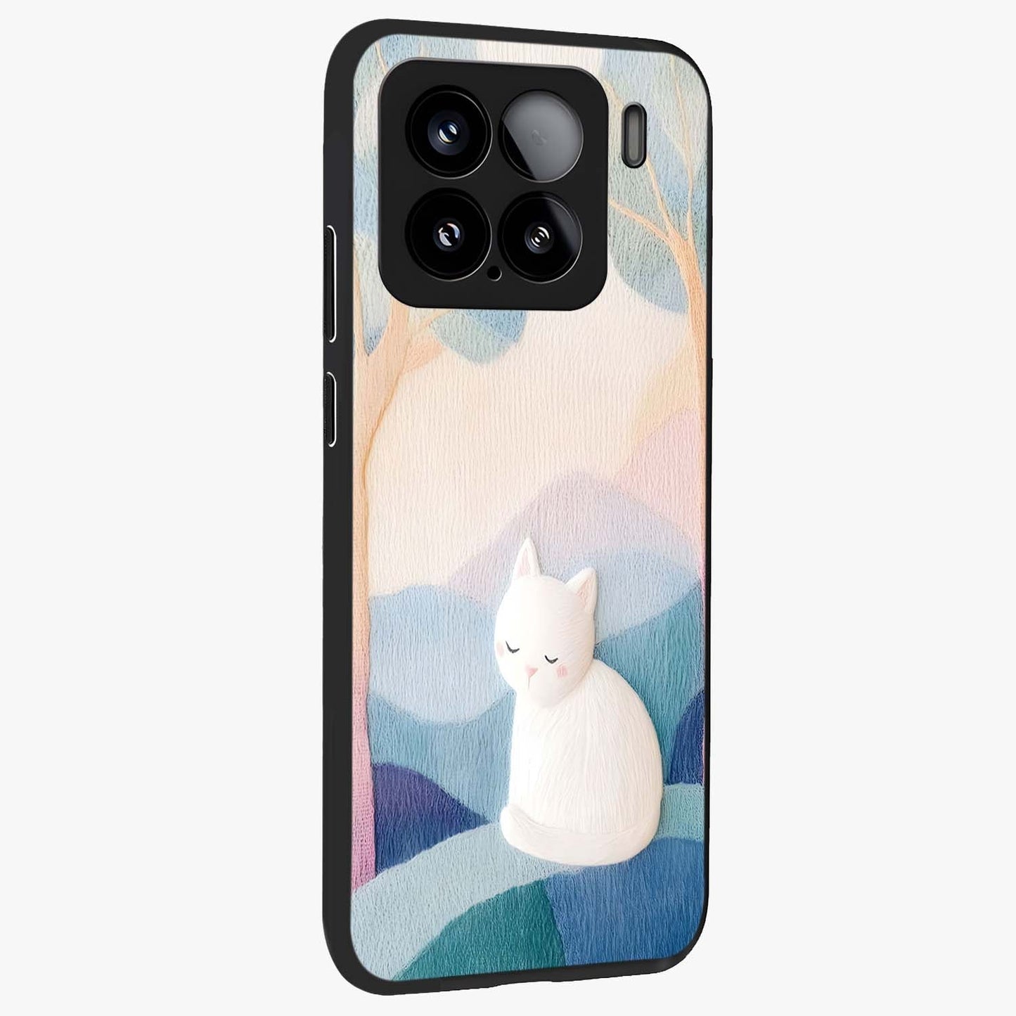 Cotton Dream Cat Glass Case upright view showcasing charming cat artwork with cozy dreamy theme.