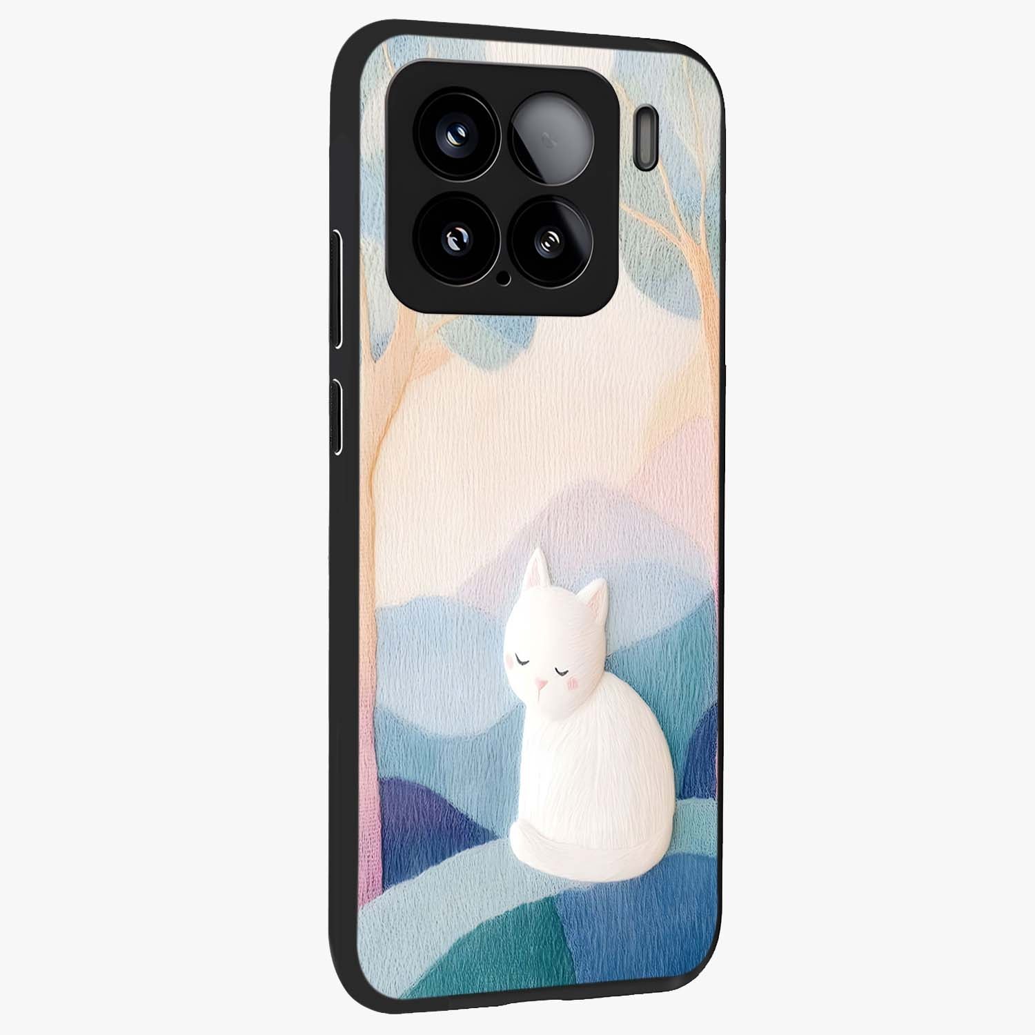 Cotton Dream Cat Glass Case upright view showcasing charming cat artwork with cozy dreamy theme.