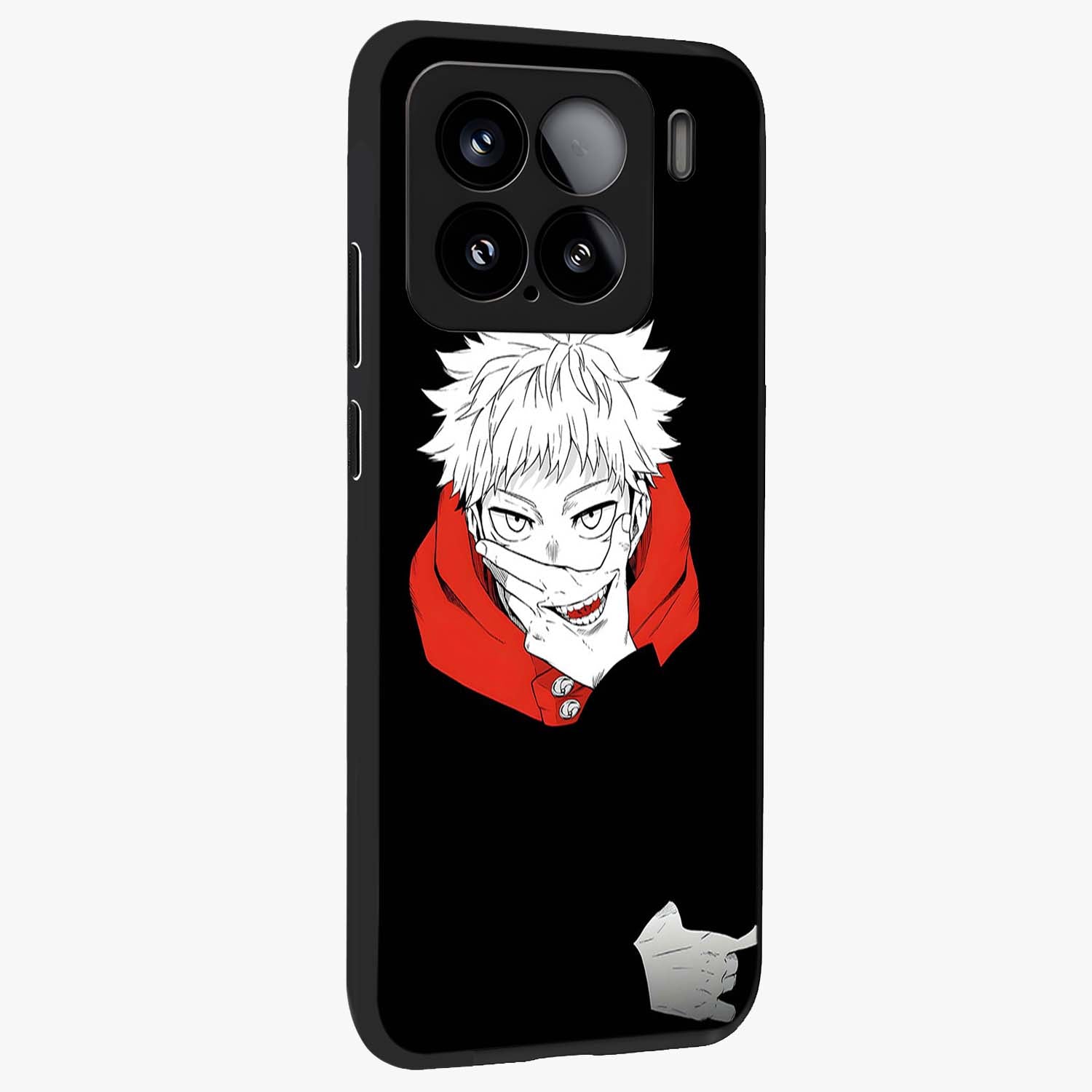 Crimson Chaos Smile Glass Case upright view showcasing expressive chaotic artwork with striking visual theme.