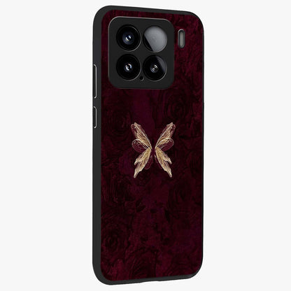Crimson Fade Butterfly Glass Case upright view showcasing graceful butterfly artwork with soft crimson fade effect.