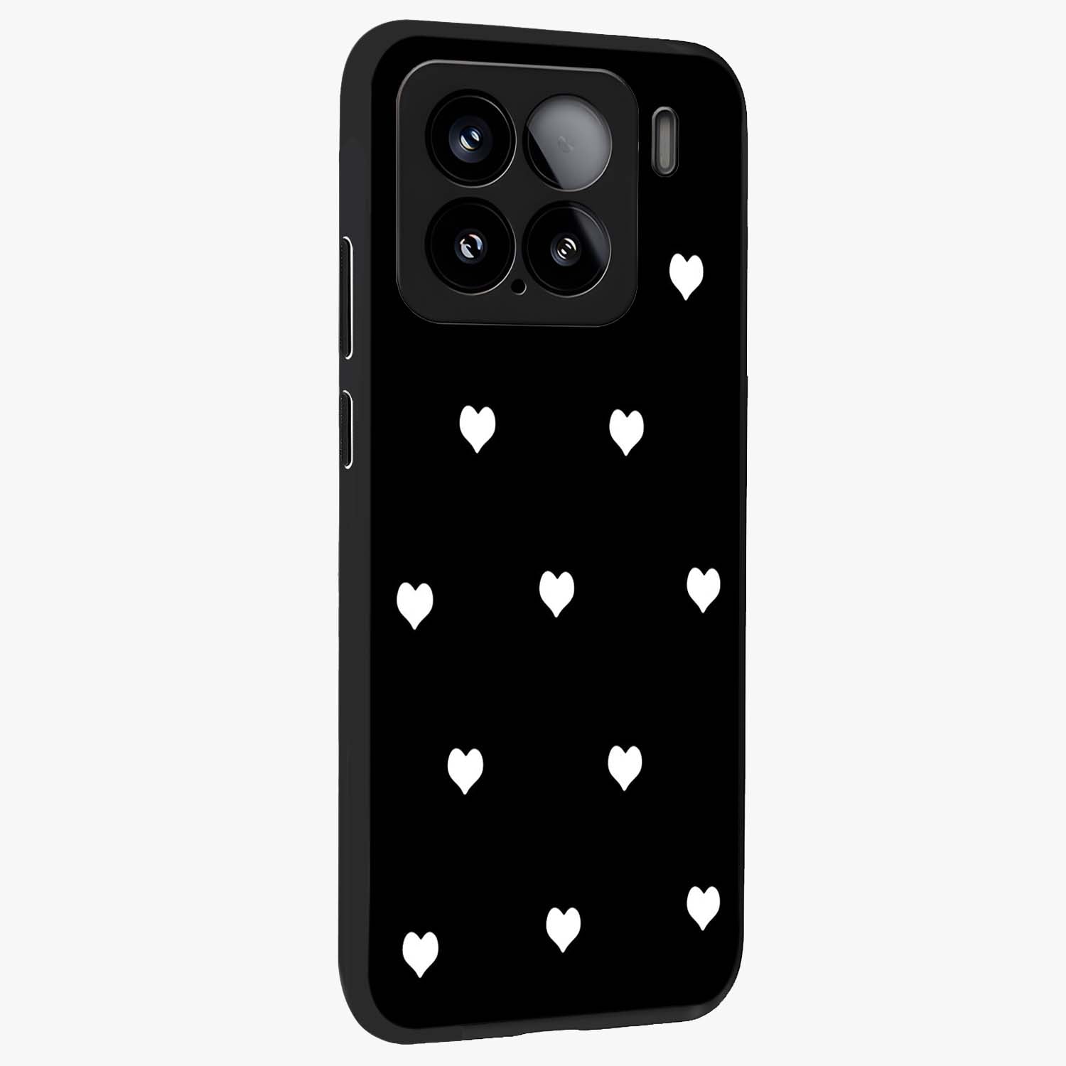 Cute And Simple White Hearts Glass Case upright view showcasing simple white hearts artwork with soft minimal theme.
