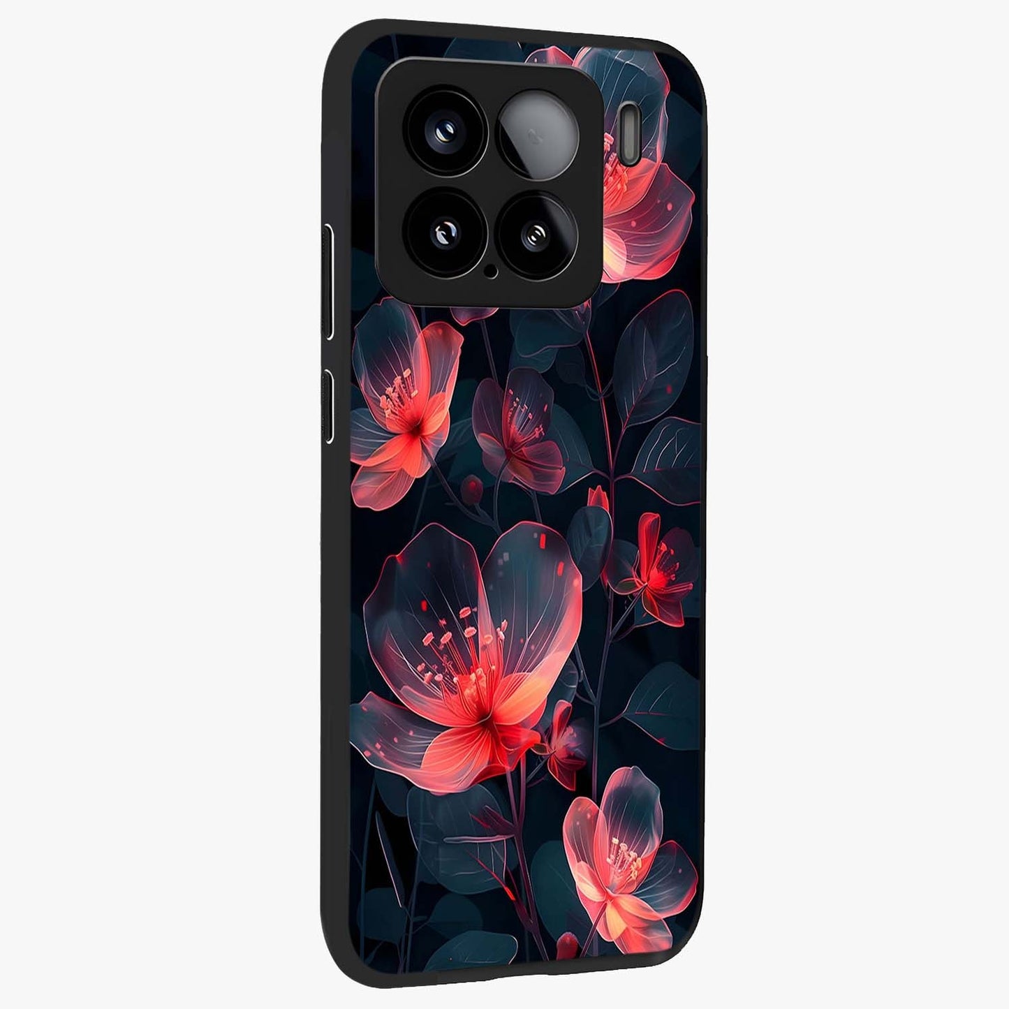 Dark Shade of Flower Glass Case upright view showcasing delicate flower artwork with rich dark floral theme.
