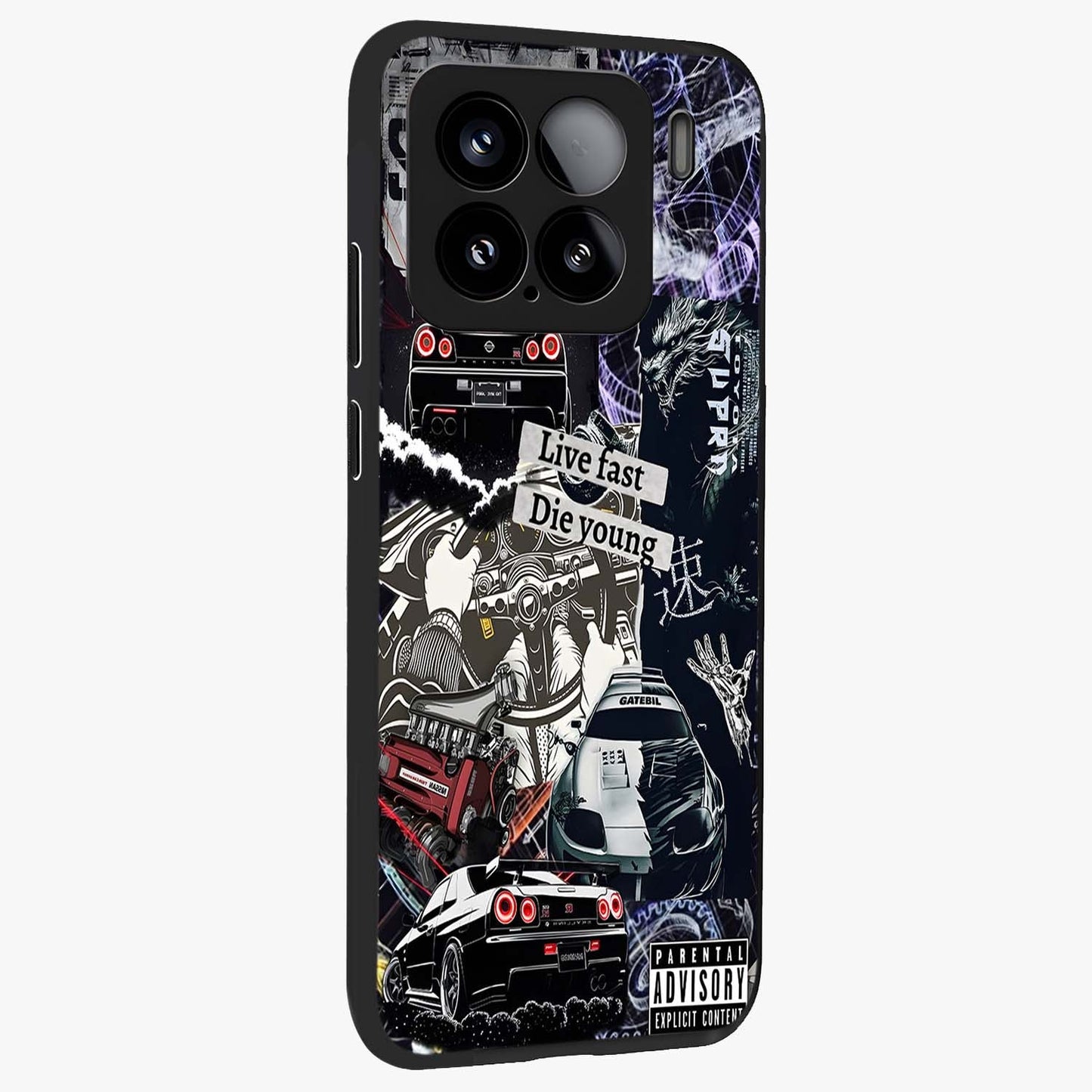 Die Young Glass Case upright view showcasing striking typography artwork with modern statement theme.