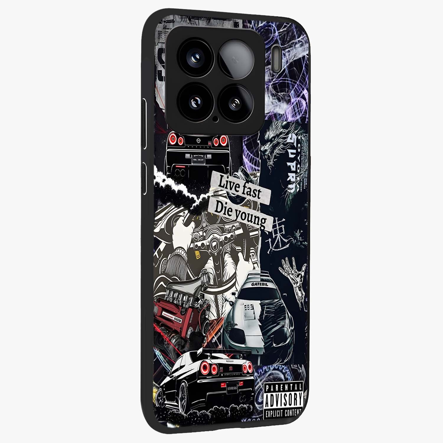 Die Young Glass Case upright view showcasing striking typography artwork with modern statement theme.