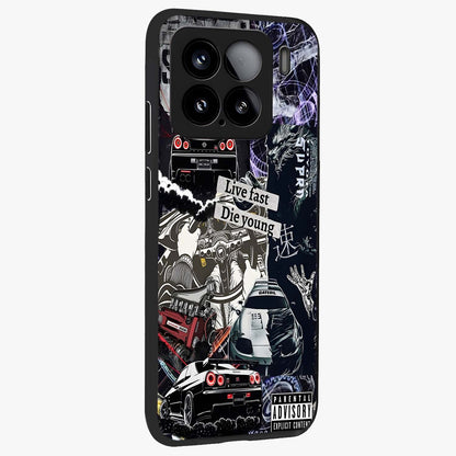 Die Young Glass Case upright view showcasing striking typography artwork with modern statement theme.