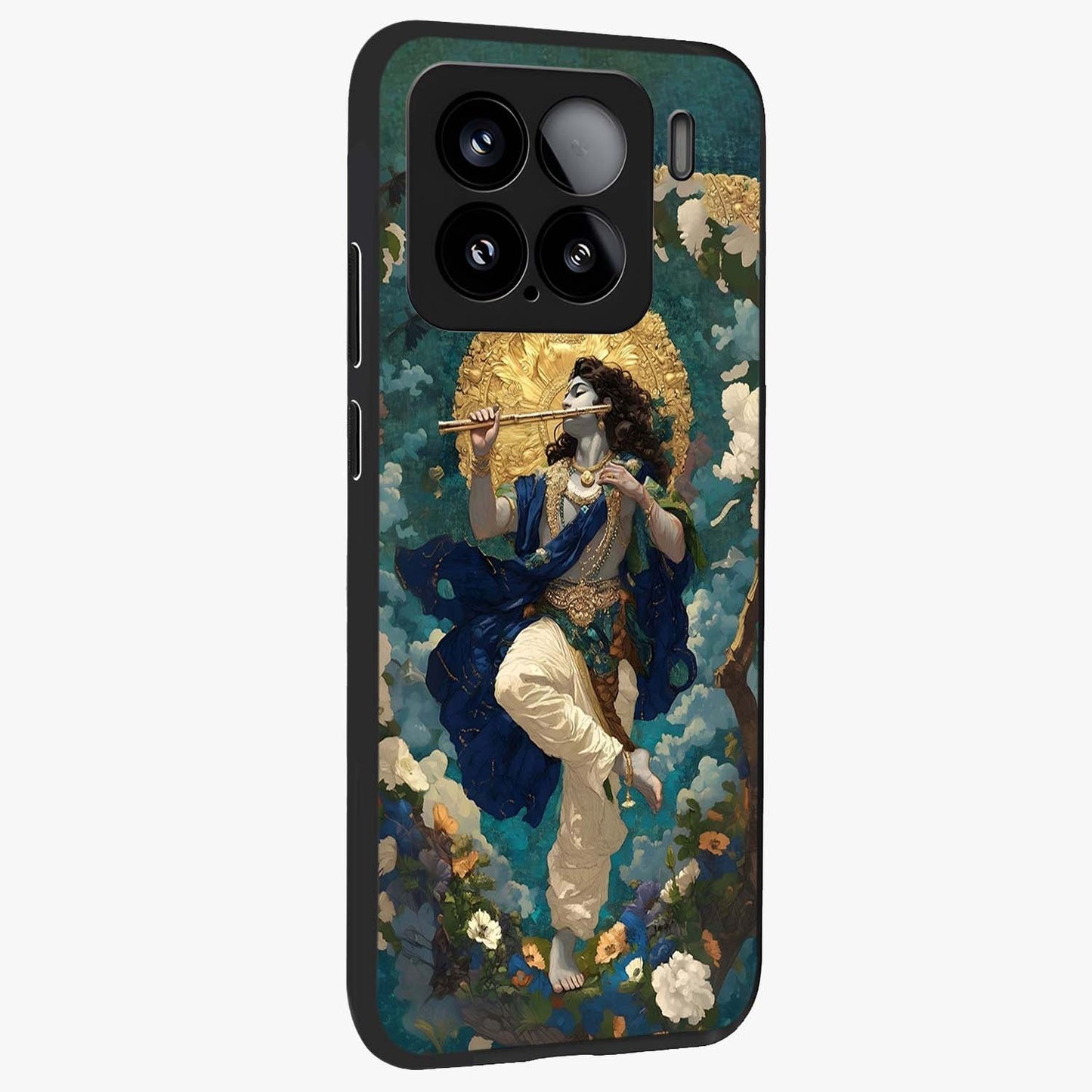 Divine Krishna Art Glass Case upright view showcasing divine Krishna artwork with sacred artistic theme.