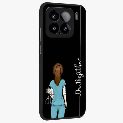 Doctor Pattern Custom Name Glass Case upright view showcasing healthcare themed design with personalized aesthetic.