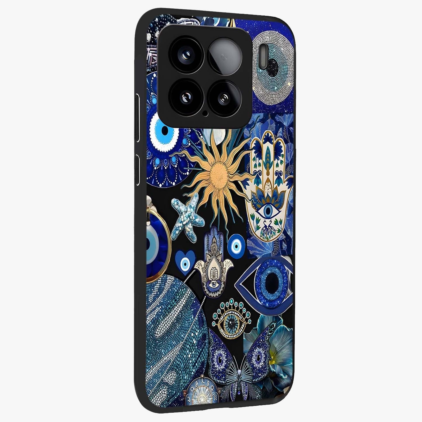 Evil Eye Charm Mix Glass Case upright view showcasing mystical evil eye pattern with vibrant decorative style.