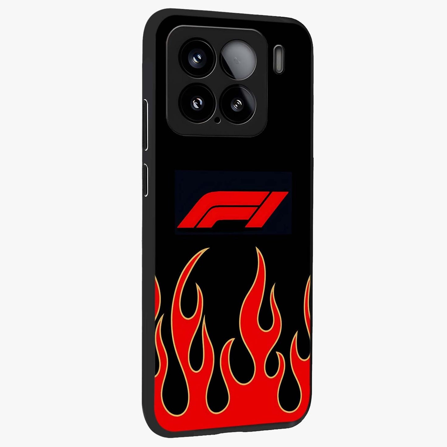 Fire F11 Glass Case upright view showcasing dynamic flame artwork with intense visual theme.