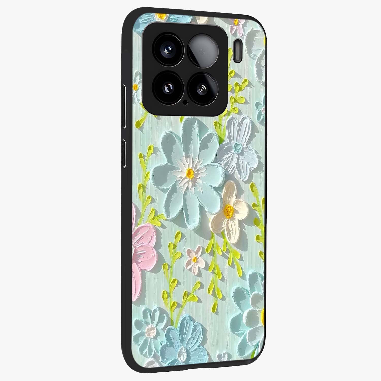 Frosted Petal Garden Glass Case upright view showcasing elegant floral garden artwork with soothing pastel theme.
