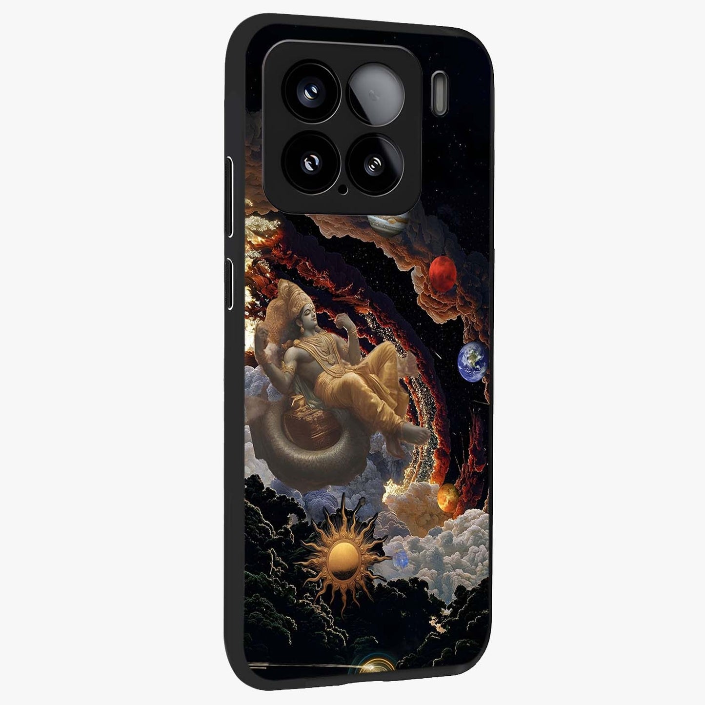 Galactic Divine God Glass Case upright view showcasing mystical divine artwork with dramatic cosmic theme.