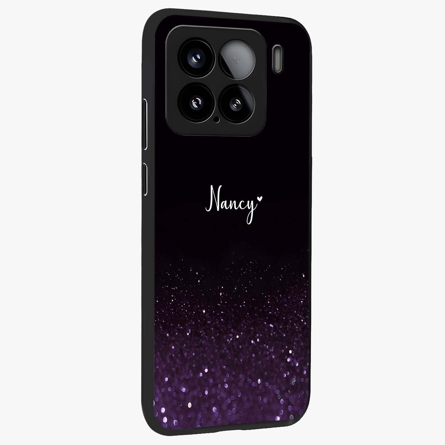 Glittery Purple Bokeh Custom Name Glass Case upright view showcasing vibrant purple sparkle artwork with personalized aesthetic style.