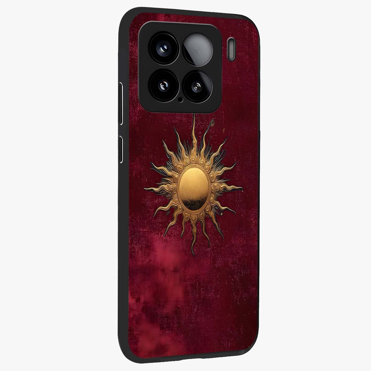 Golden Sun Minimalism Glass Case upright view showcasing simple golden sun artwork with elegant minimalist style.