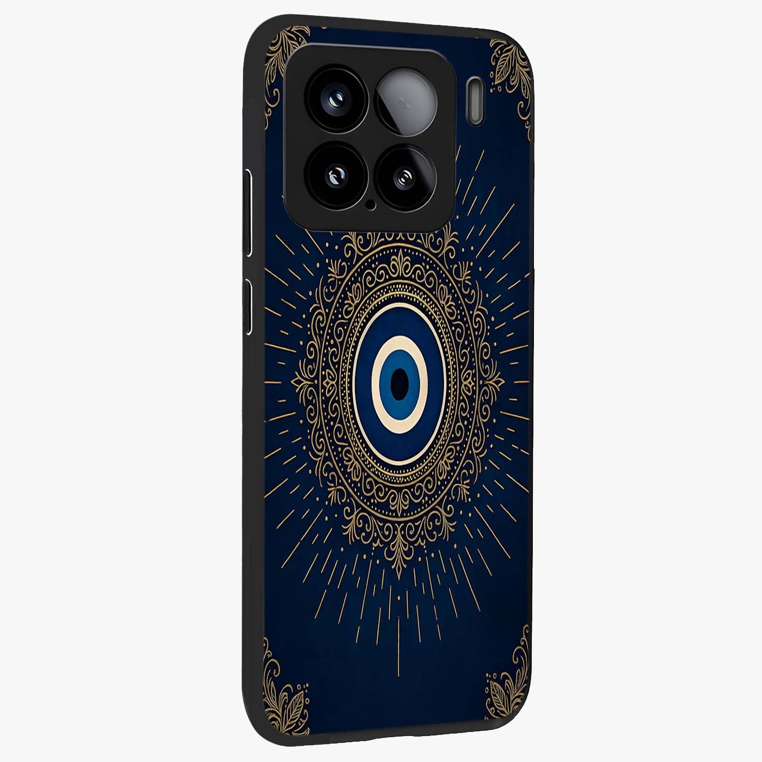 Golden Celestial Charm Glass Case upright view showcasing radiant celestial artwork with elegant golden theme.