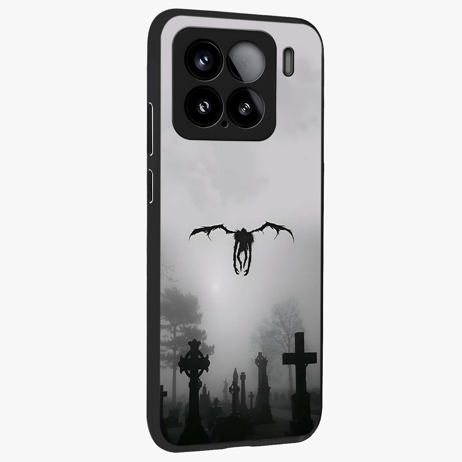 Graveyard Shadow Descent Glass Case upright view showcasing haunting graveyard artwork with dramatic dark theme.