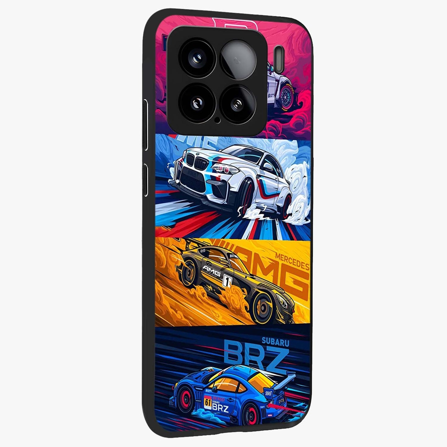 JDM Sports Car Glass Case upright view showcasing dynamic sports car artwork with bold racing theme.
