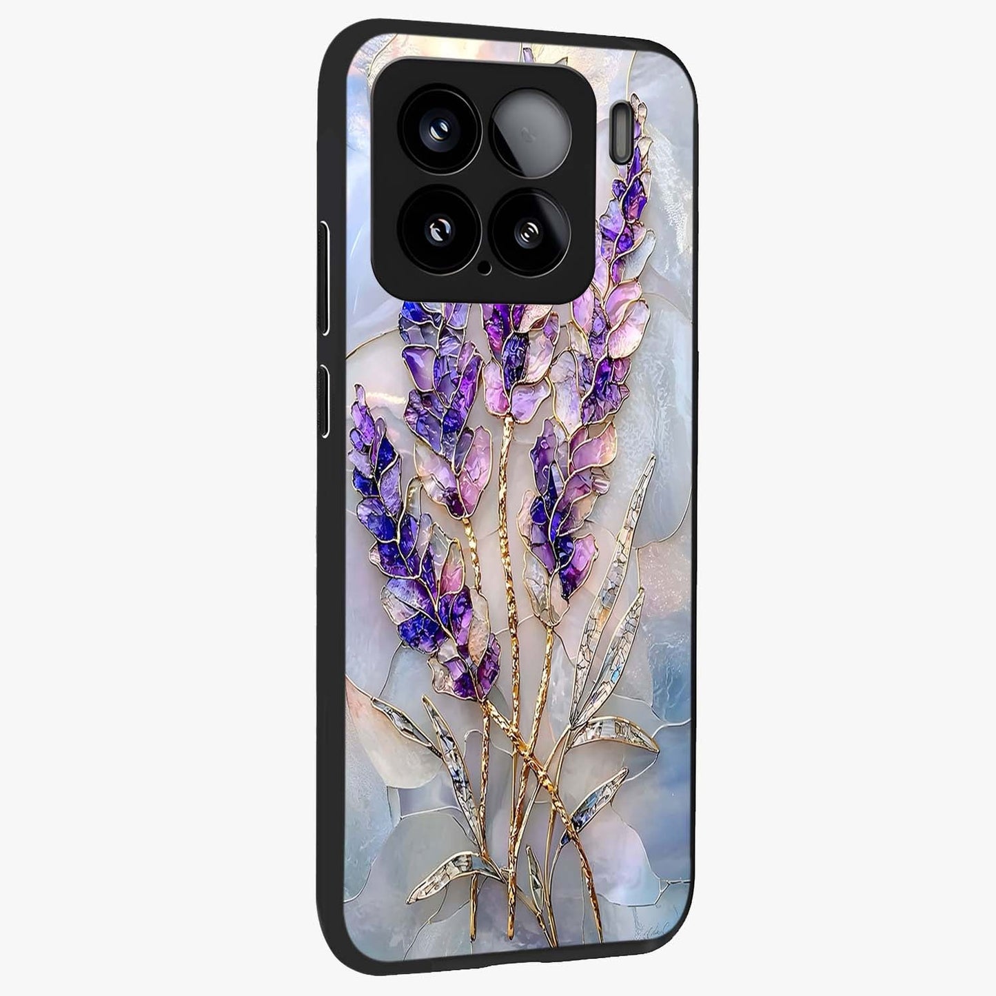 Lavender Dream Glow Glass Case upright view showcasing radiant lavender glow artwork with calming dreamy theme.