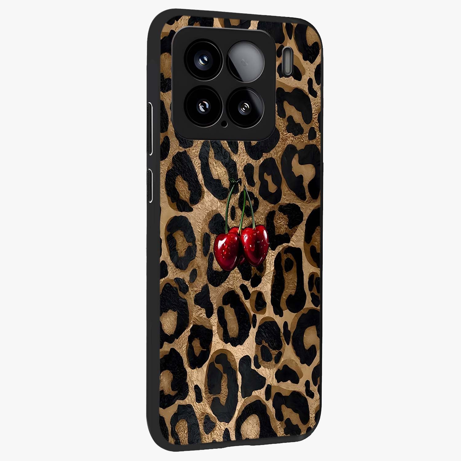 Leopard Wild Cherry Glass Case upright view showcasing stylish leopard pattern artwork with trendy fashion theme.