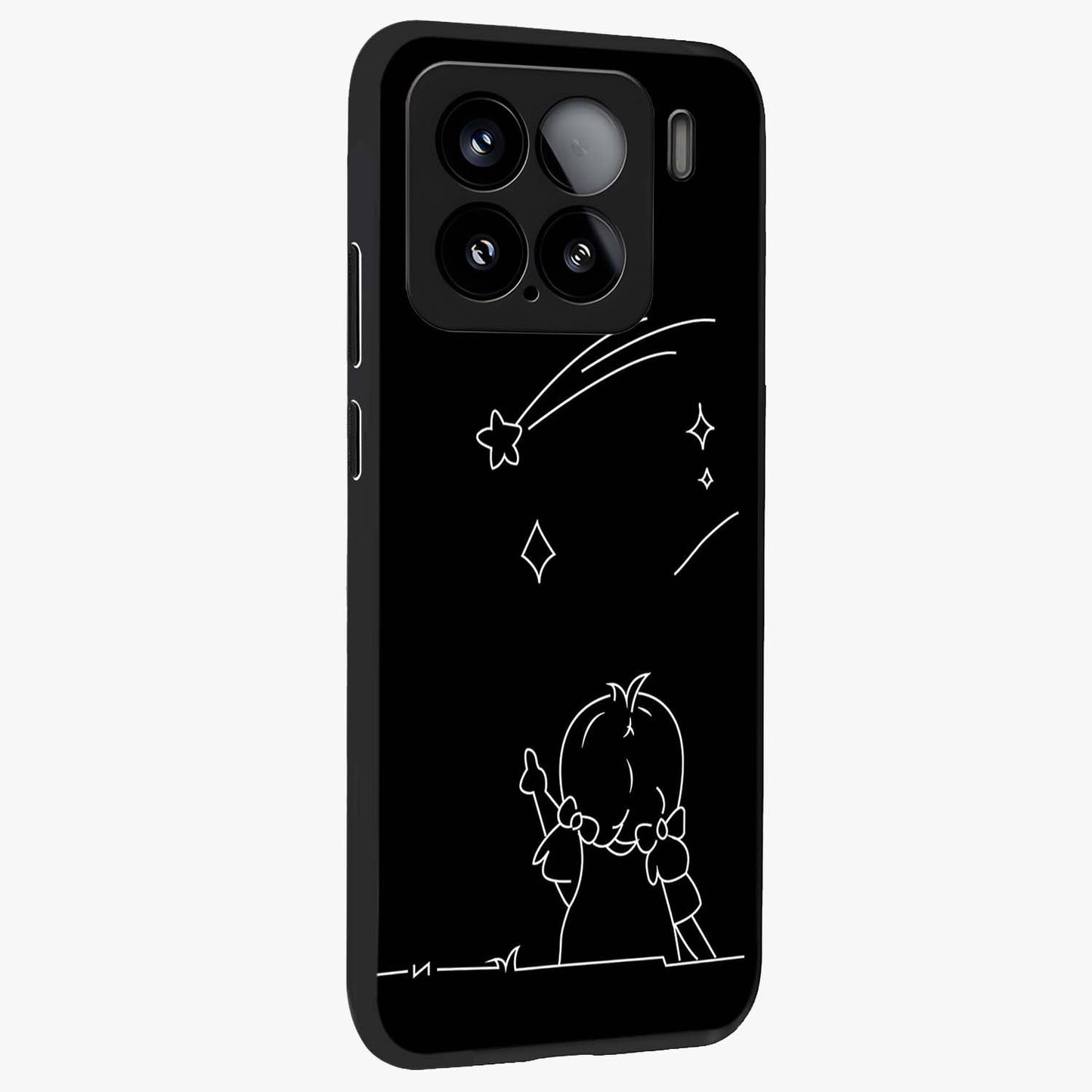 Line Art Girl With Shooting Stars Glass Case upright view showcasing delicate shooting stars artwork with minimal artistic theme.