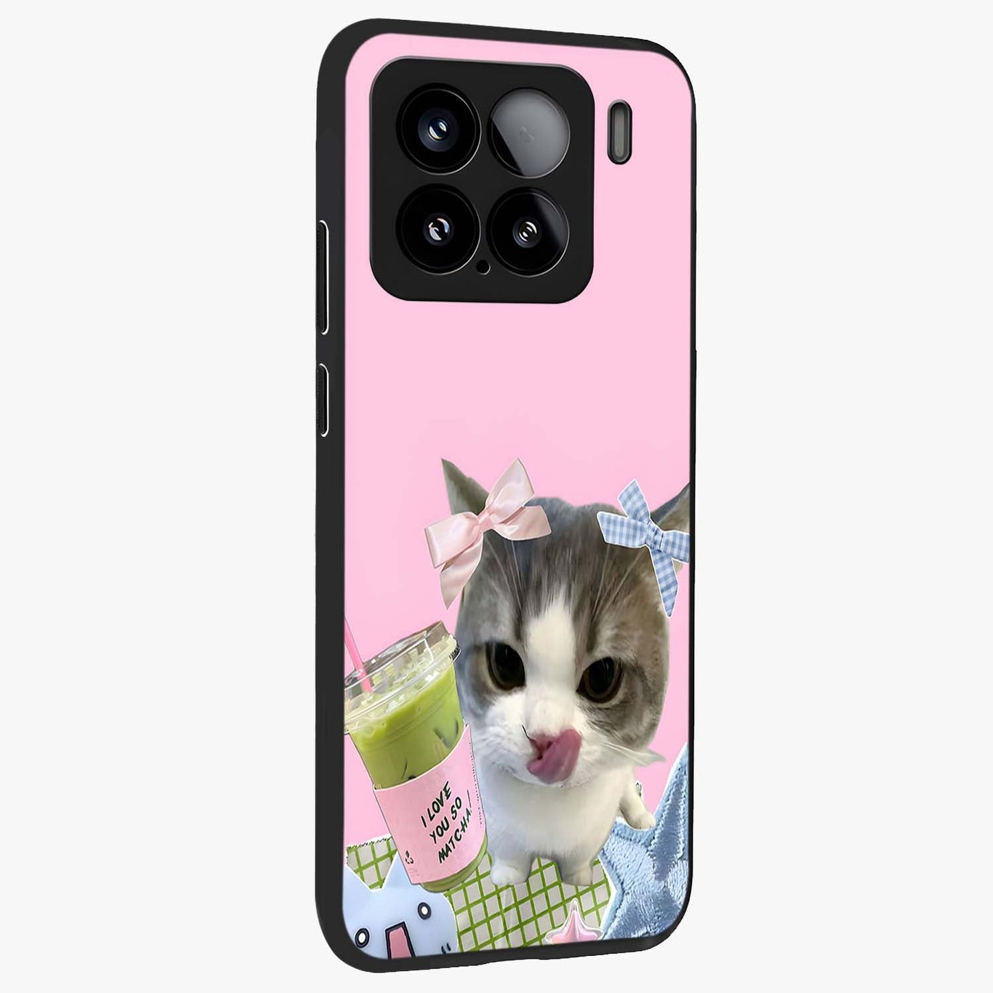 Love Matcha Cat Glass Case upright view showcasing adorable cat artwork with charming matcha themed design.