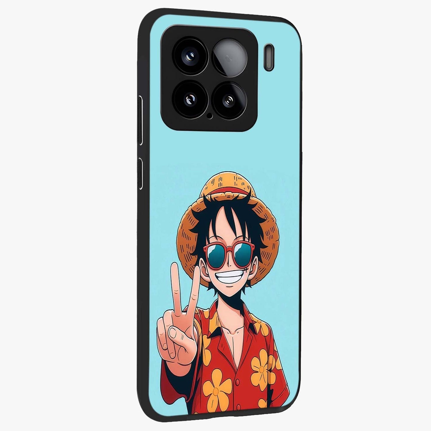 Luffy Summer Anime Vibe Glass Case upright view showcasing dynamic anime artwork with bright adventurous theme.