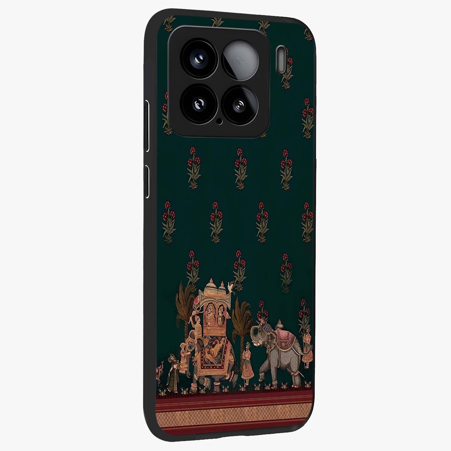 Macmerise Glass Case upright view showcasing bold artistic artwork with contemporary design theme.