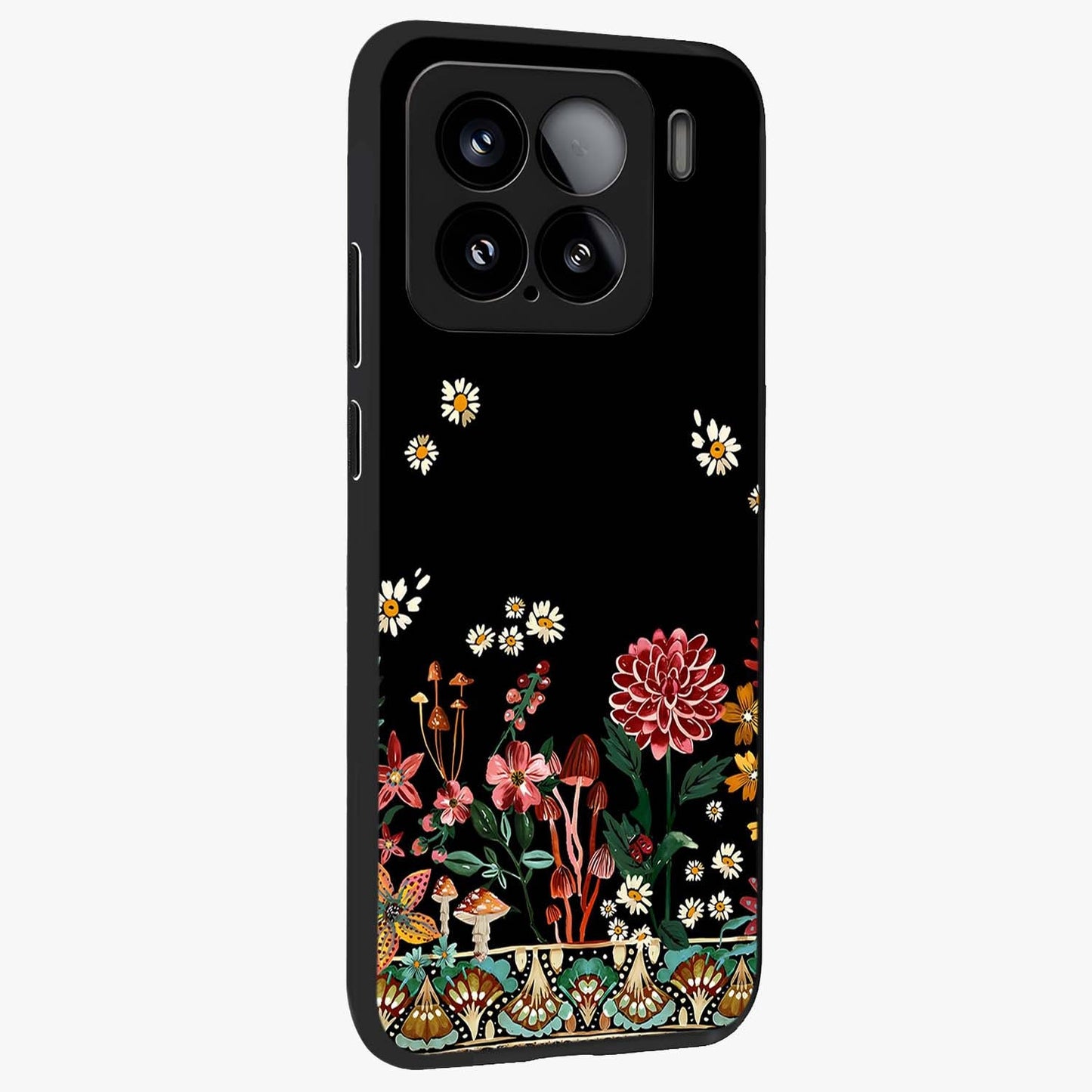 Midnight Bloom Pattern Glass Case upright view showcasing decorative floral artwork with deep night themed palette.