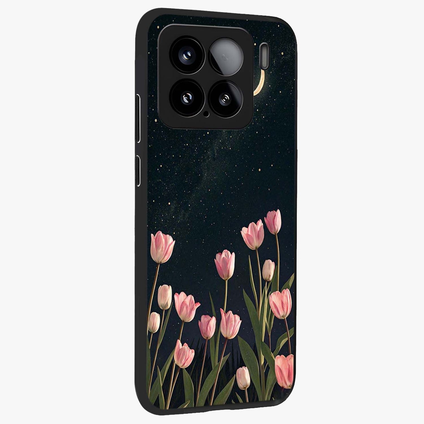 Midnight Tulip Whispers Vibe Glass Case upright view showcasing graceful tulip artwork with calm botanical theme.