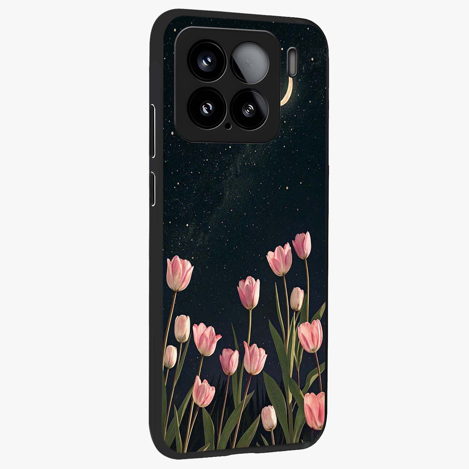 Midnight Tulip Whispers Vibe Glass Case upright view showcasing graceful tulip artwork with calm botanical theme.