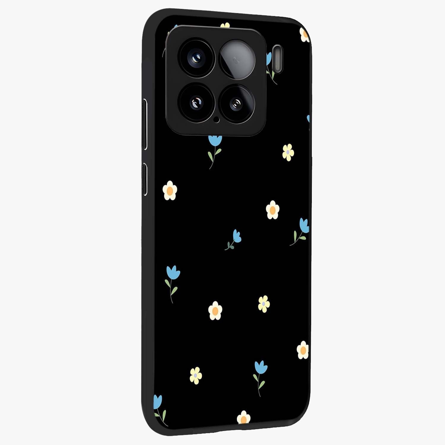Minimal Petal Whispers Glass Case upright view showcasing elegant floral artwork with modern minimalist style.