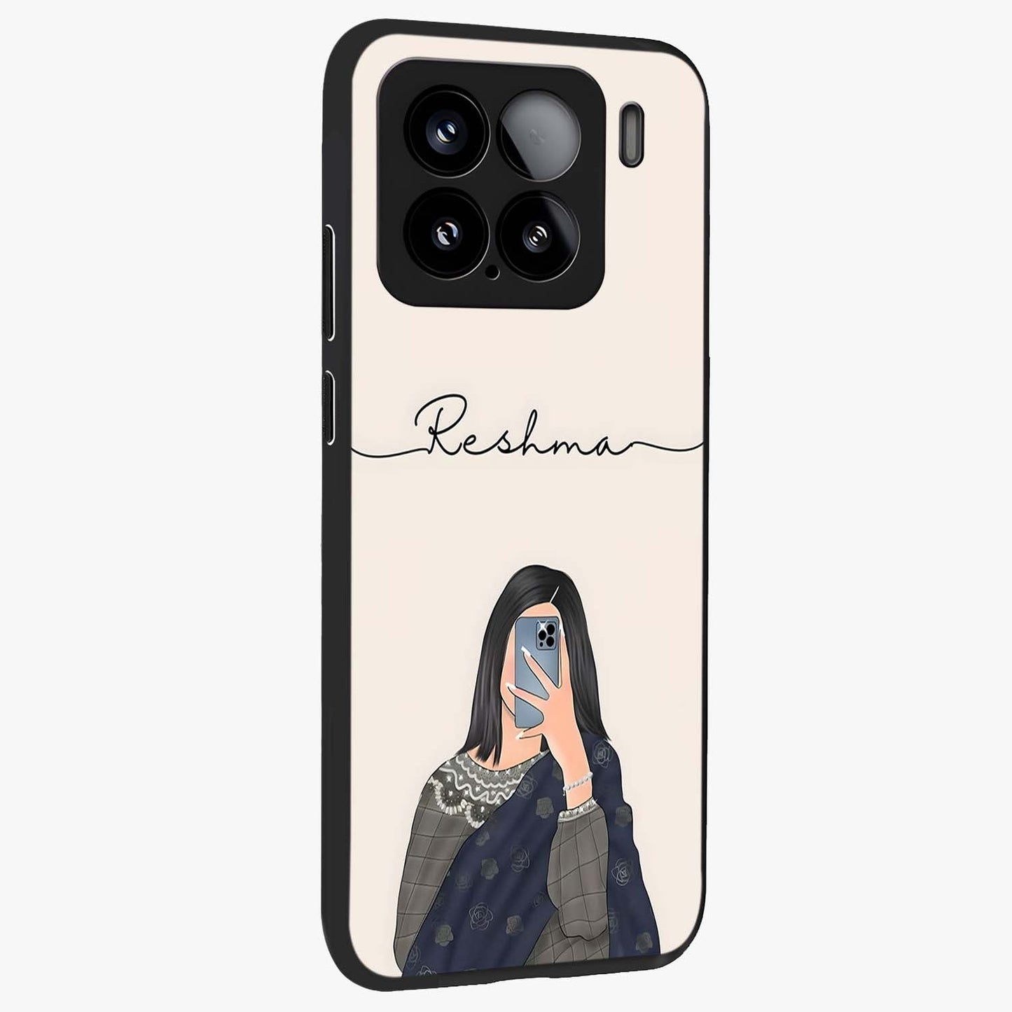 Mirror Mood Muse With Custom Name Glass Case upright view showcasing artistic mirror themed artwork with personalized aesthetic.