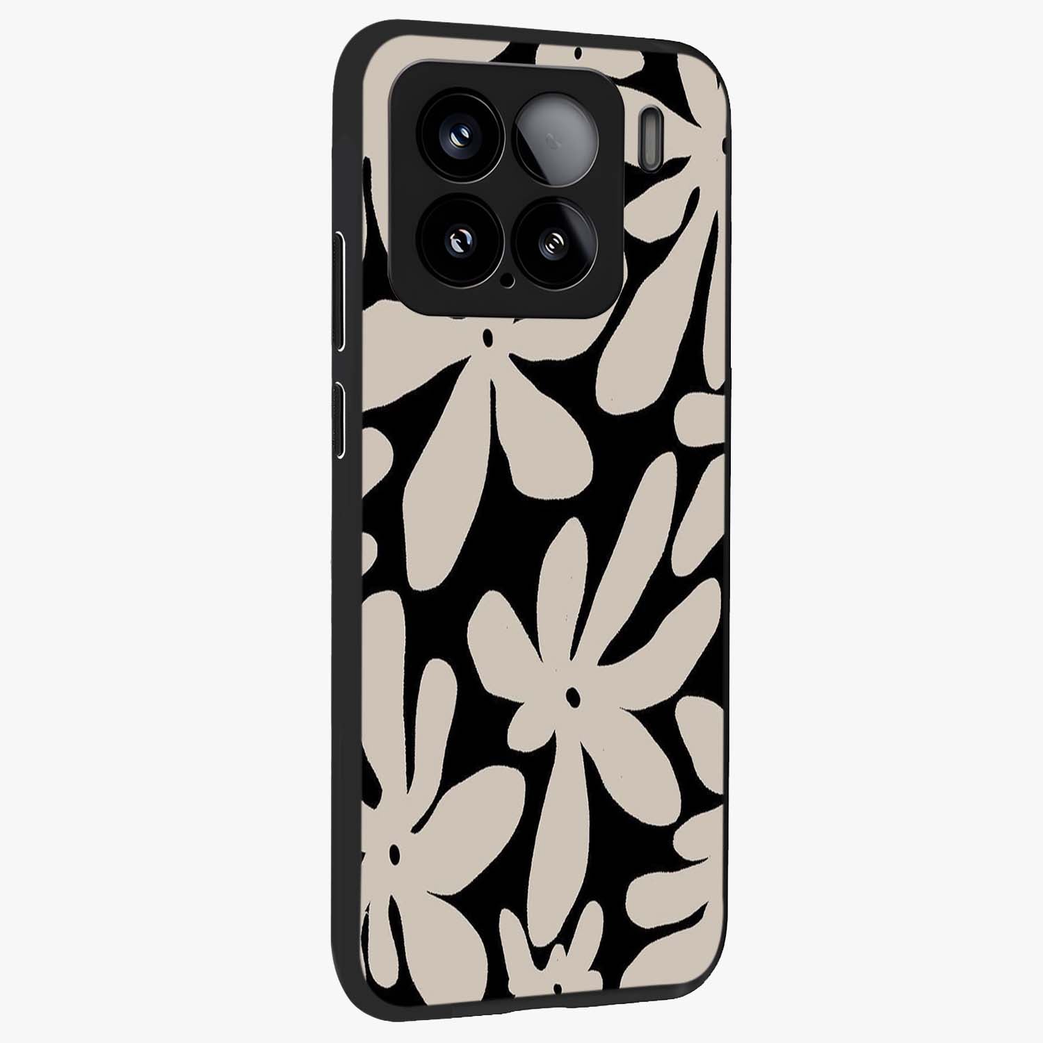 Monochrome Petal Dance Glass Case upright view showcasing artistic floral pattern with stylish monochrome theme.