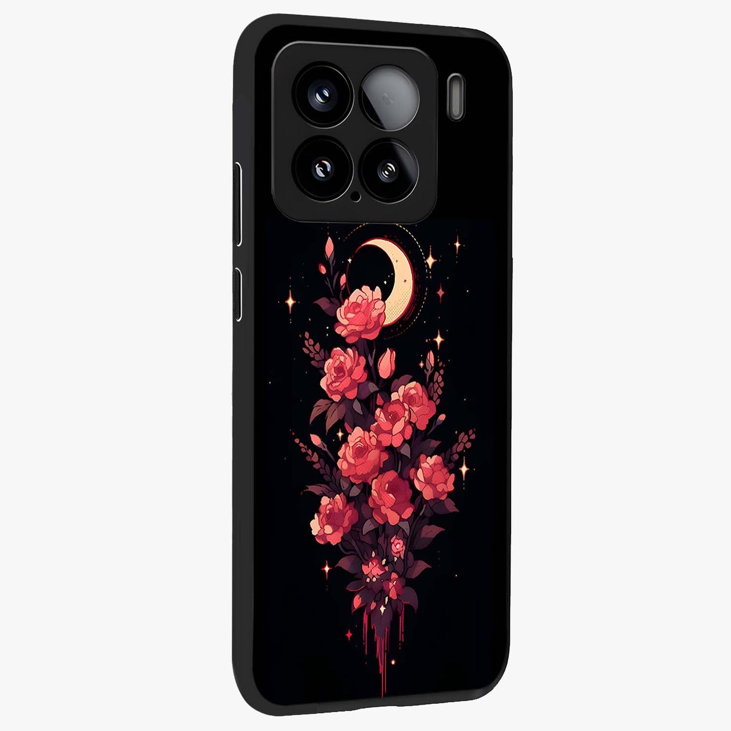 Moonlit Floral Elegance Glass Case upright view showcasing delicate floral artwork with refined night inspired theme.