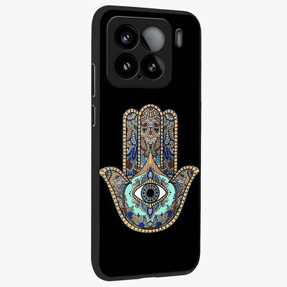 Mystic Hamsa Eye Glass Case upright view showcasing detailed hamsa eye artwork with protective spiritual theme.