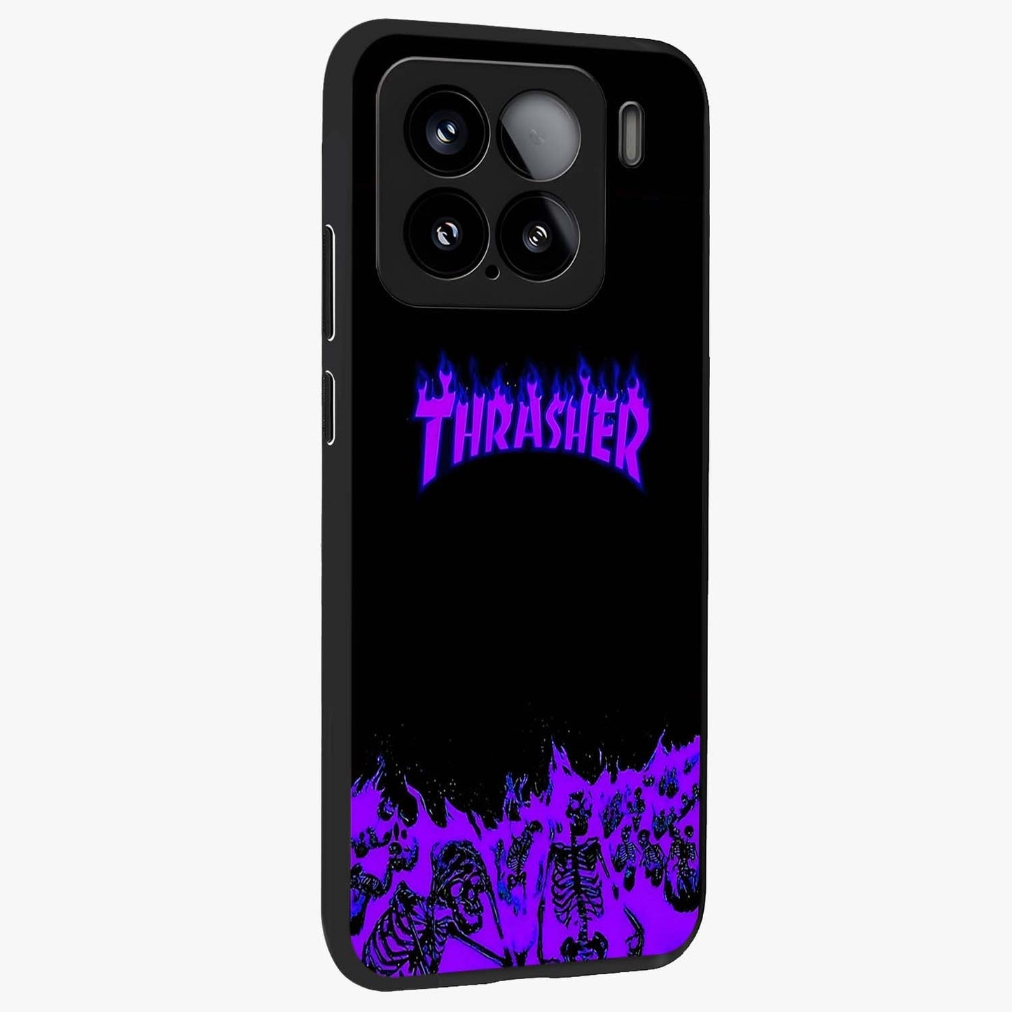 Neon Flame Riot Glass Case upright view showcasing dynamic flame artwork with energetic neon theme.