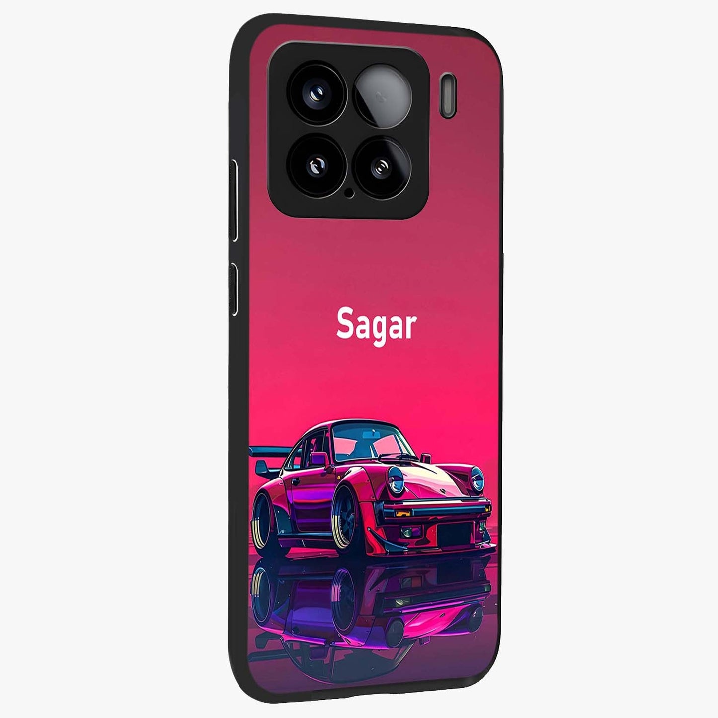 Neon Pink Porsche Glass Case upright view showcasing vibrant sports car artwork with bold automotive theme.