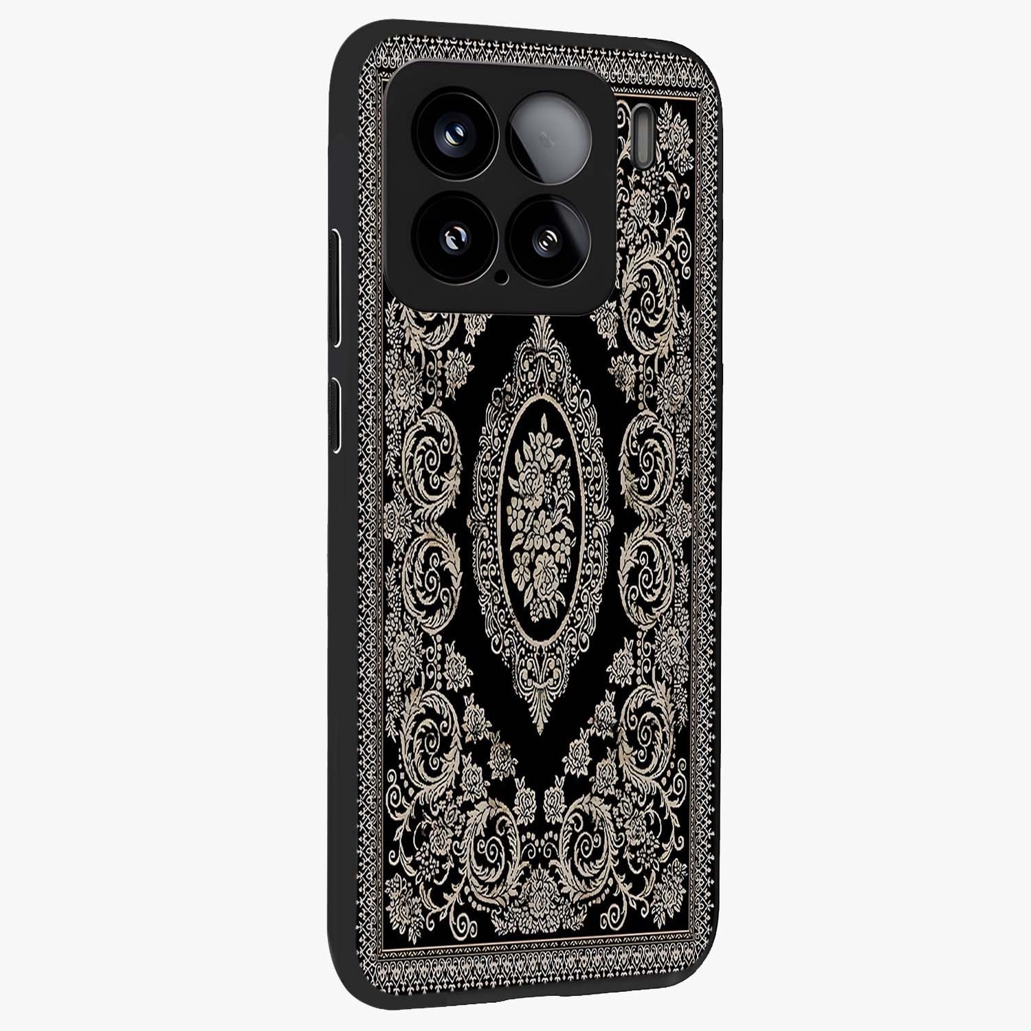 Noir Bloom Elegance Glass Case upright view showcasing graceful floral artwork with luxurious dark theme.
