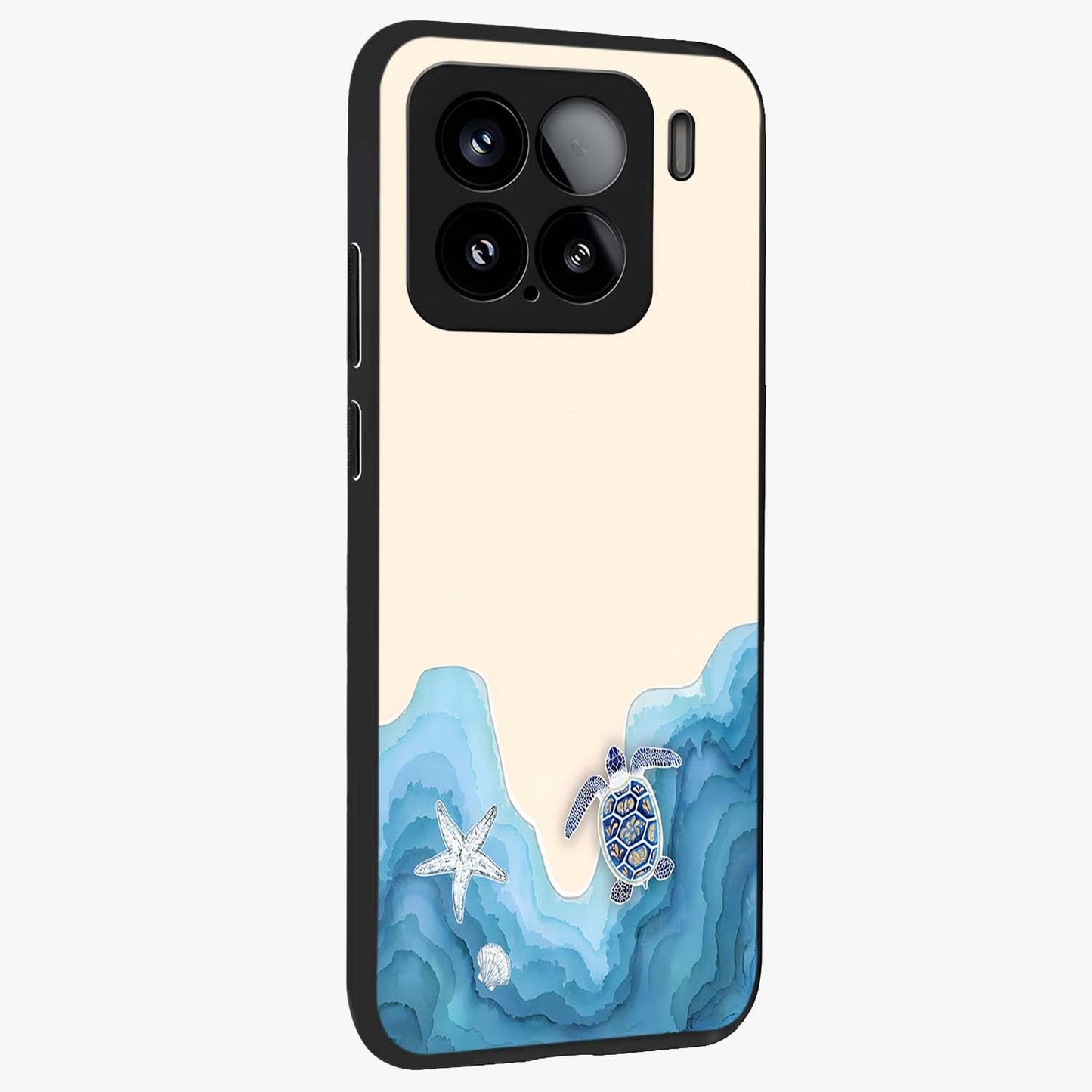 Ocean Drift Turtle Glass Case upright view showcasing calm underwater turtle artwork with nature inspired theme.