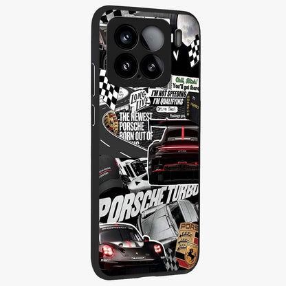 Porsche Racing Collage Glass Case upright view showcasing energetic car collage artwork with high speed racing theme.