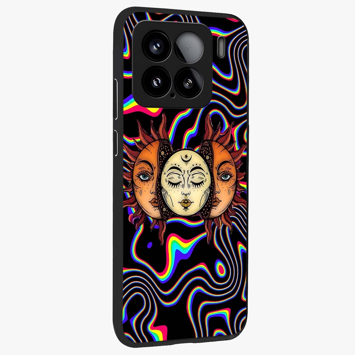 Psychedelic Sun Glass Case upright view showcasing trippy sun artwork with bold psychedelic theme.