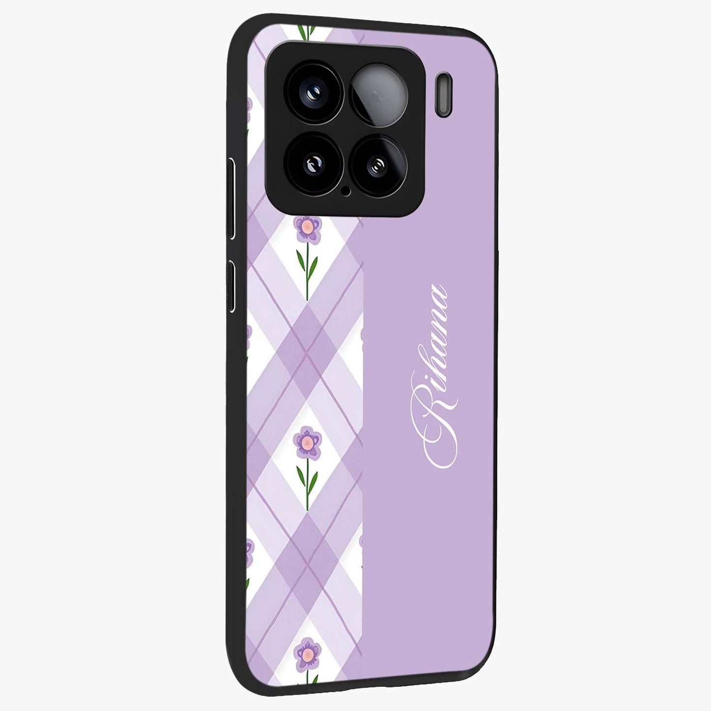 Purple Diamond Floral Glass Case upright view showcasing vibrant floral artwork with stylish geometric theme.